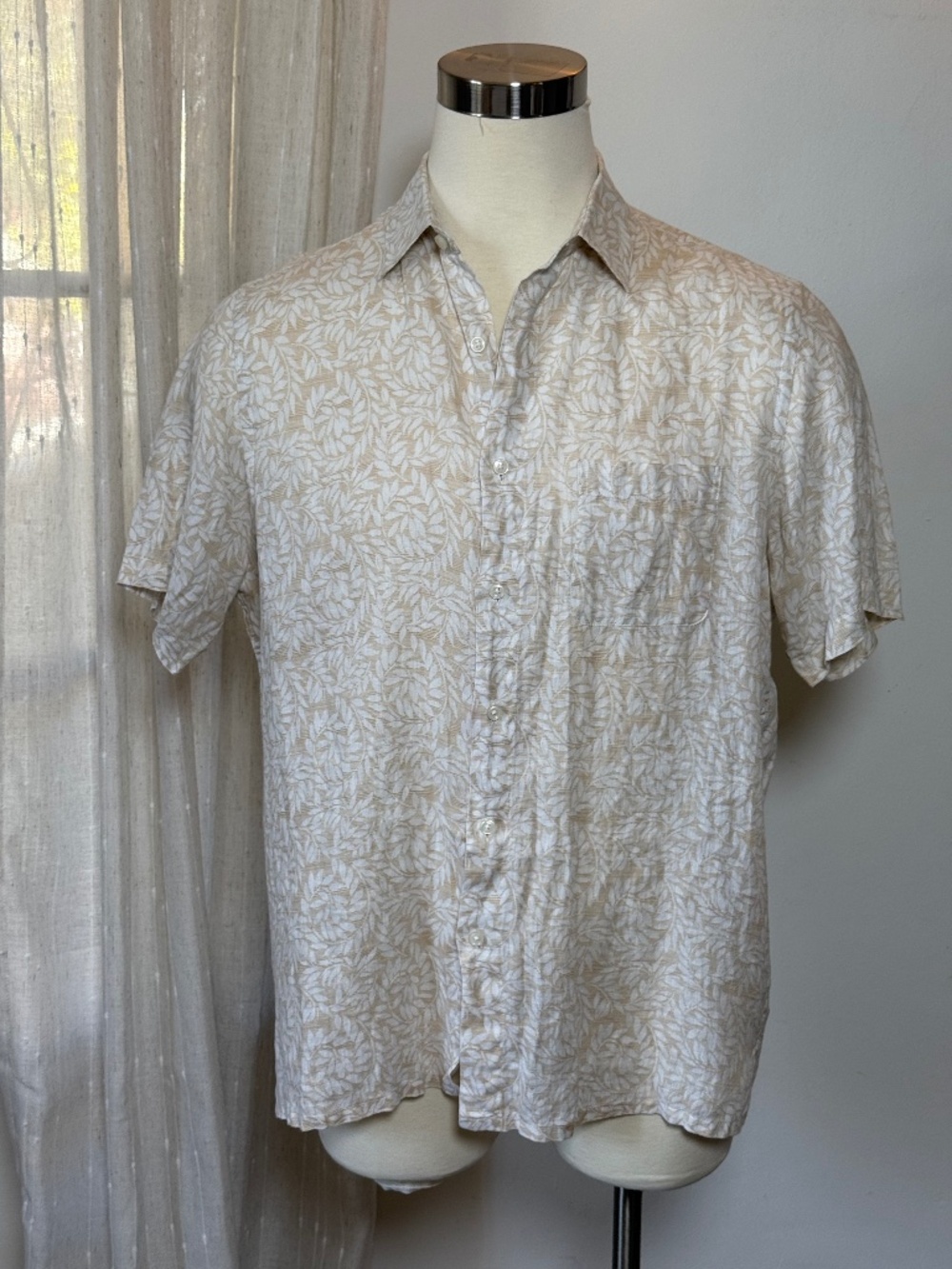 Club Room Luxury 100% Linen Floral Camp Shirt Beige White Men's Large